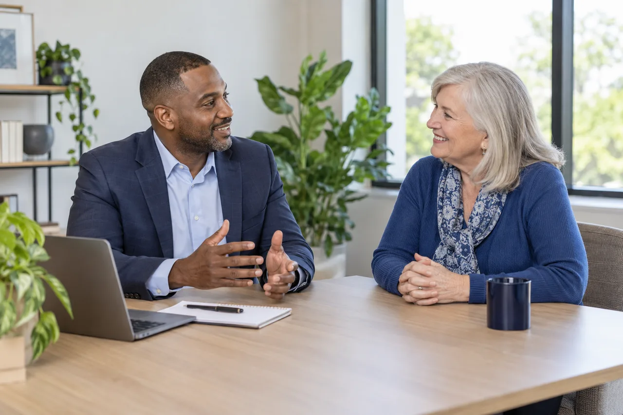 Two adults having a private conversation at an office table