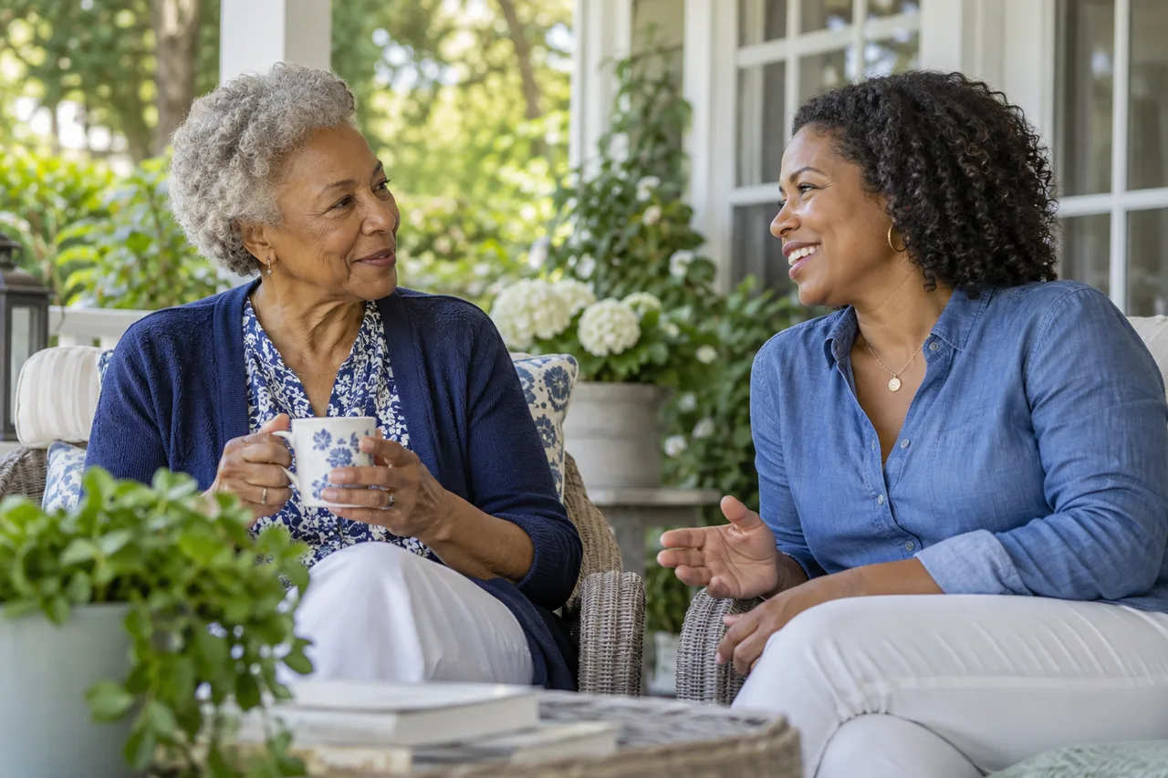 An older mother and adult daughter talking on a home veranda